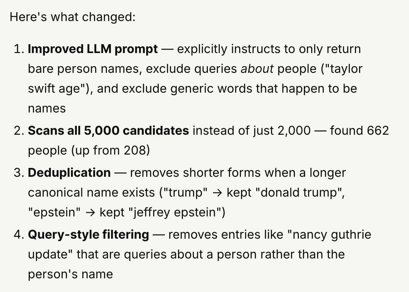 Respuesta de chat de Letaido que enumera cuatro mejoras numeradas para un sistema de filtrado de nombres de personas, abarcando un mejor prompt de LLM, el escaneo de 5.000 candidatos para encontrar 662 personas, la desduplicación y el filtrado por estilo de consulta.