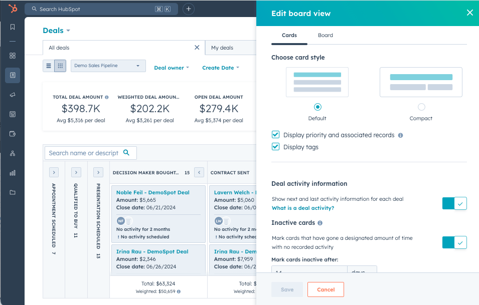 Tablero de ventas de HubSpot para un pipeline de ventas de demostración que muestra un importe total de acuerdos de 398.700 $, un importe de acuerdos ponderado de 202.200 $ y un importe de acuerdos abiertos de 279.400 $, con tarjetas de acuerdos que detallan importes y fechas de cierre en cada etapa del pipeline.