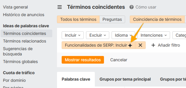 Términos coincidentes en Keywords Explorer de Ahrefs