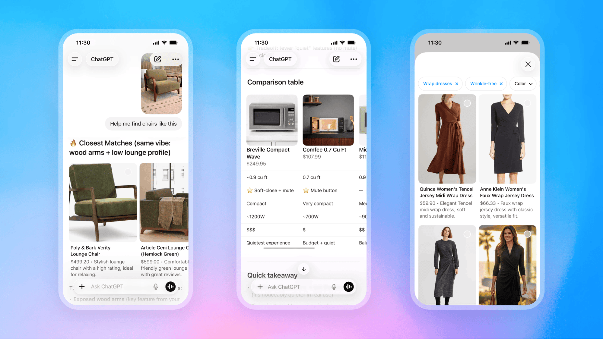 Tres capturas de pantalla de móvil sobre compras en ChatGPT: sillones visualmente similares con precios encontrados a partir de una foto, una tabla comparativa de microondas compactos con precios y características, y una cuadrícula filtrada de vestidos cruzados con precios y descripciones breves.