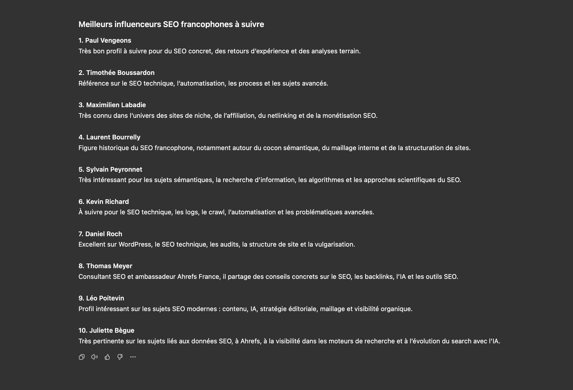 liste des influenceurs SEO francophones selon ChatGPT