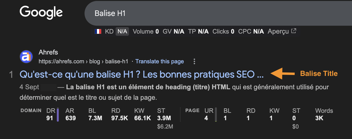 Capture d'écran d'une SERP Google pour voir où se trouve la balise title
