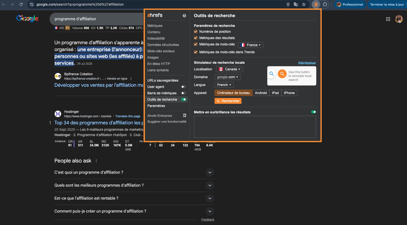 ahrefs extension toolbar recherche google hors france