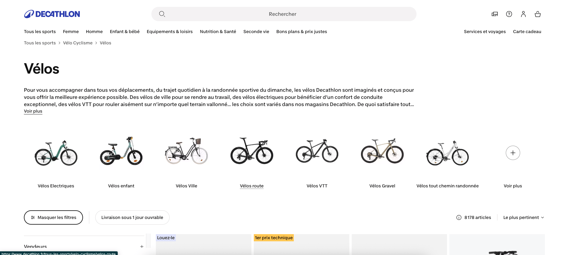 Catégorie des vélos chez Décathlon