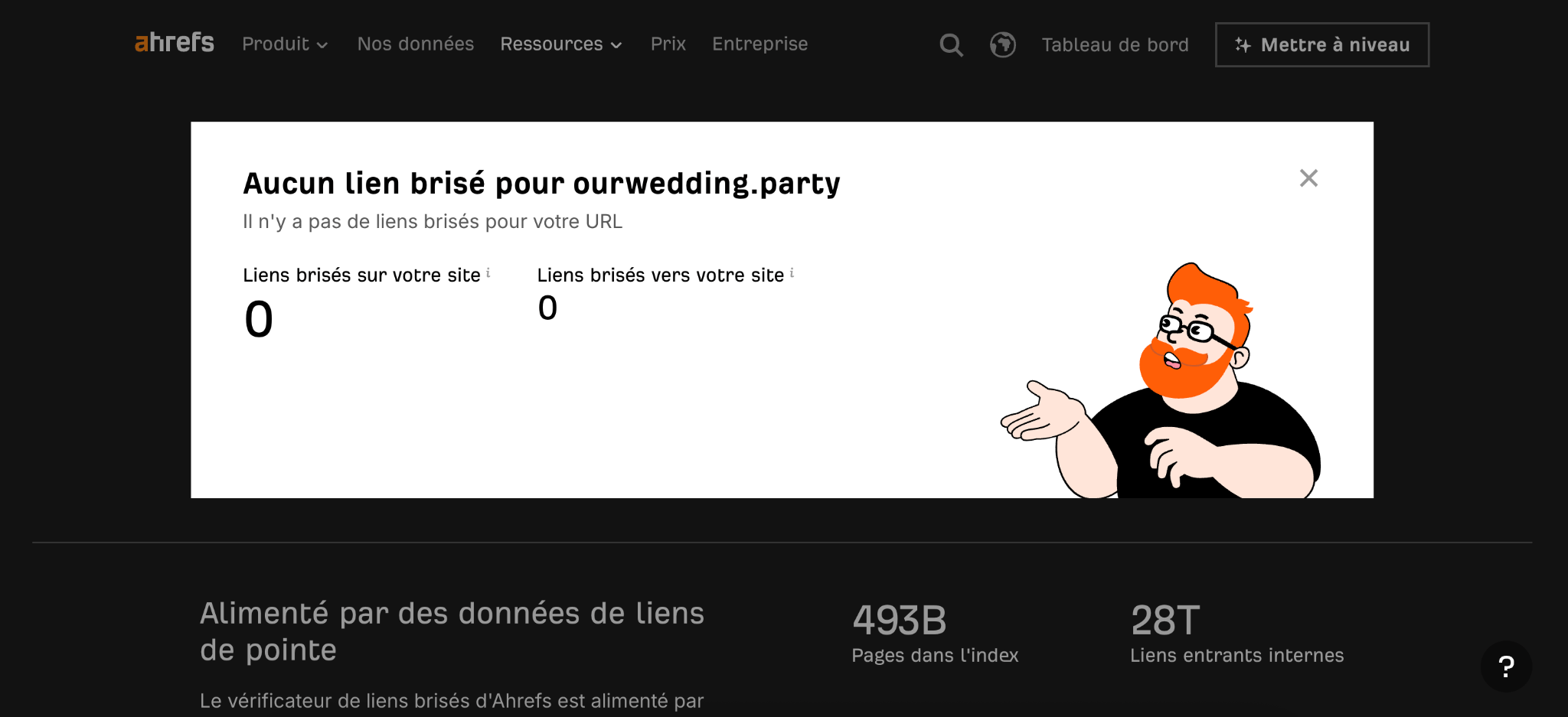 Le vérificateur de liens brisés Ahrefs indique qu'il n'y a pas de lien brisé sur Our Wedding Party
