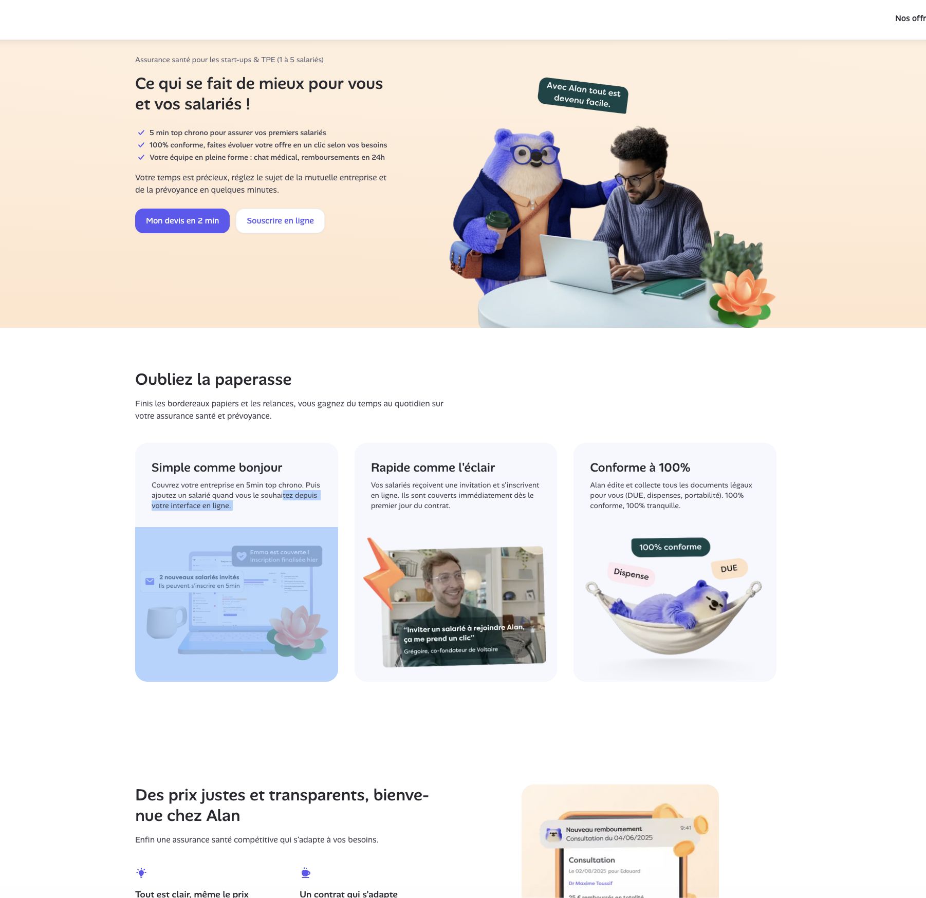 Exemple d'une landing page bien optimisée avec la page d'Alan pour les startups 