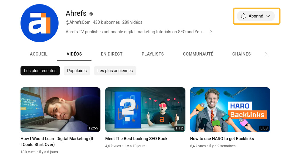 Chaine YouTube de AHREFS