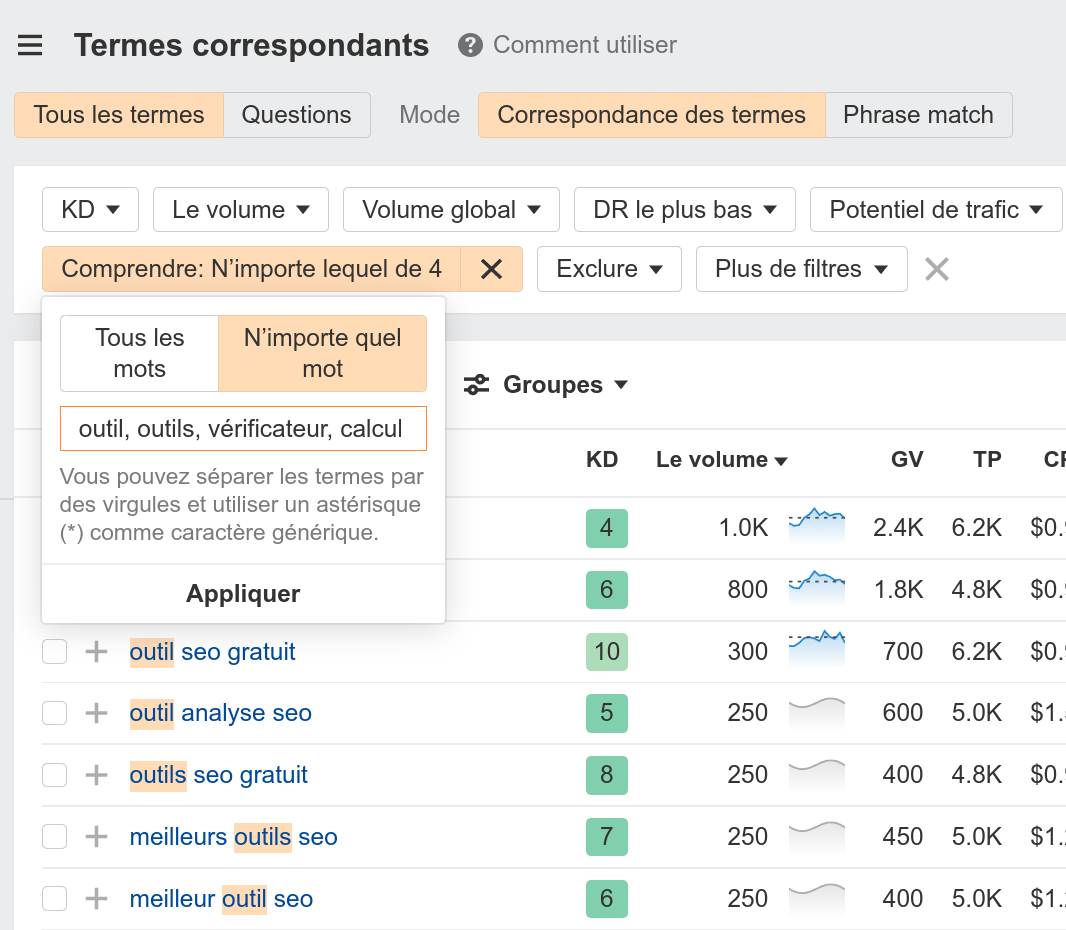 Saisie des ter­mes du MOFU dans le rap­port Ter­mes correspondants de Ahrefs