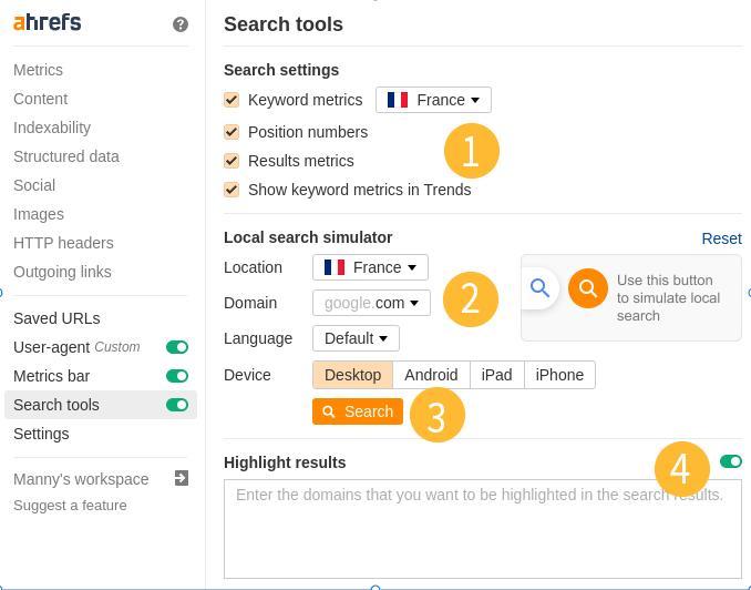 Exemple d'utilisation de l'onglet "Search tools" offrant plusieurs fonctionnalités avancées