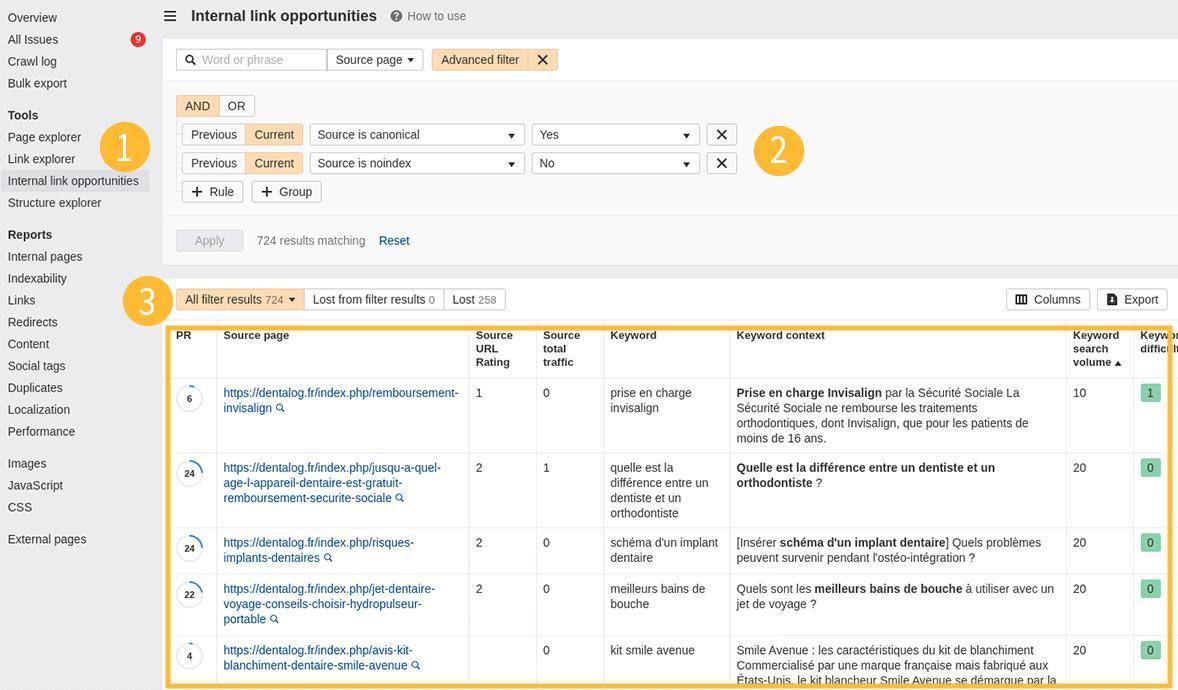 Exemple d'utilsiation de Site Audit pour le maillage interne
