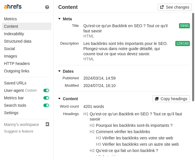 Rapport on-page du Ahrefs SEO Toolbar : Content
