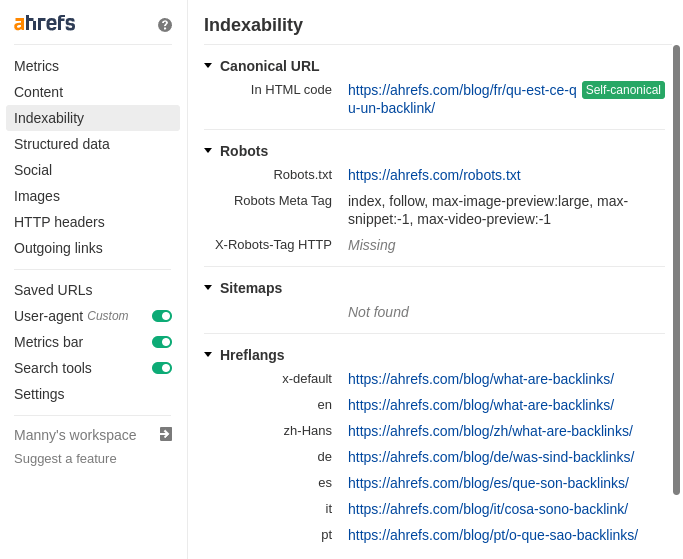 Rapport on-page du Ahrefs SEO Toolbar : Indexability