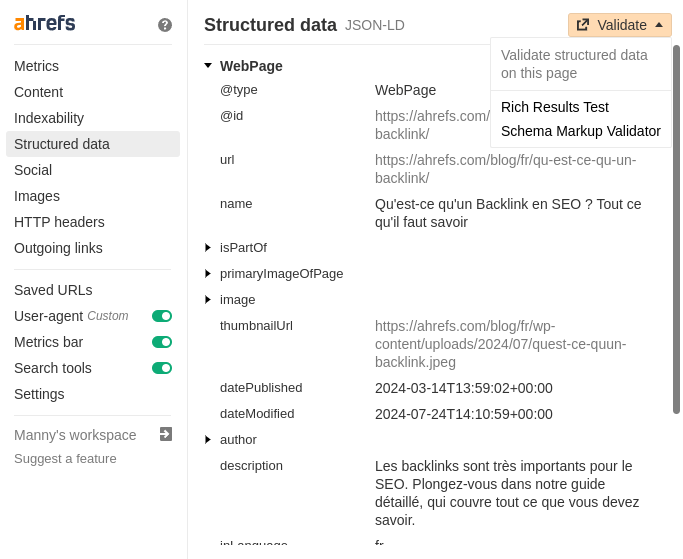 Rapport on-page du Ahrefs SEO Toolbar : Structured data