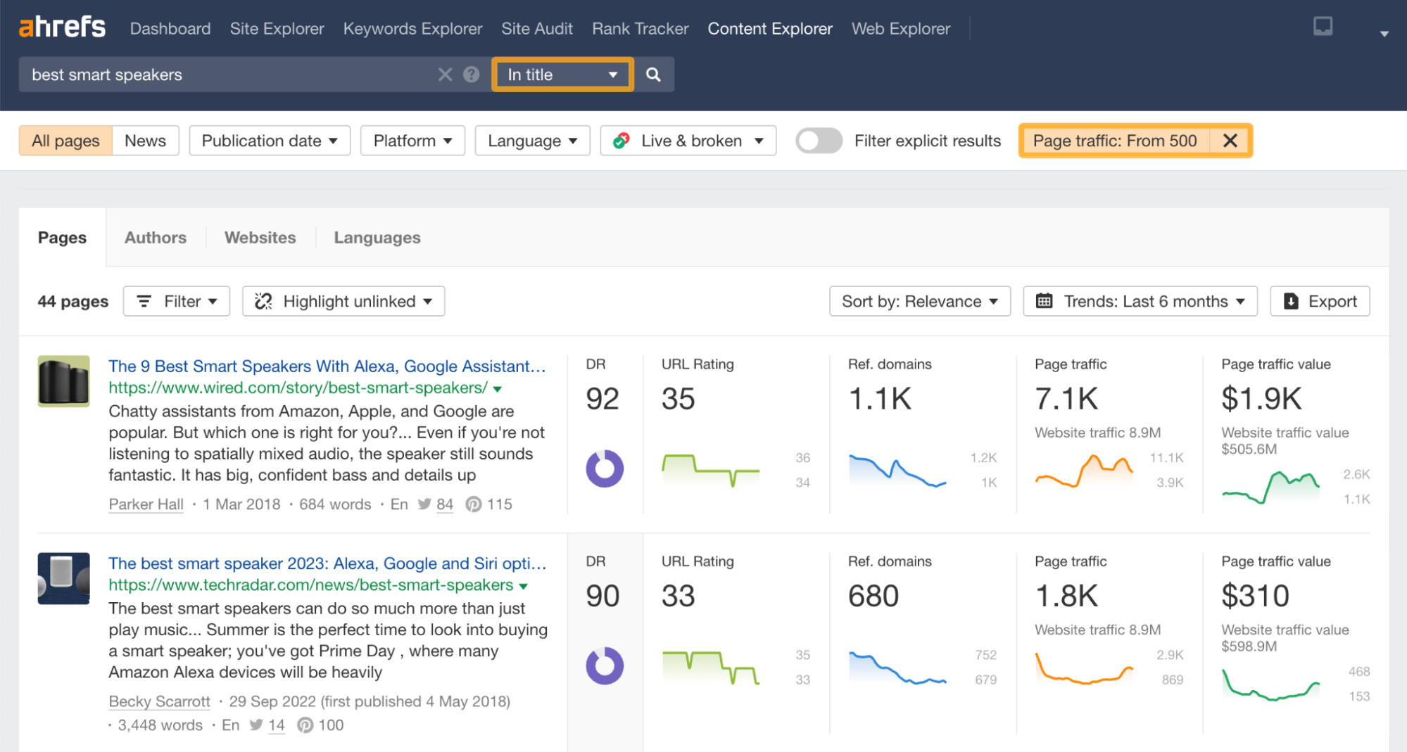 Recherche d'articles de produits populaires dans le Content Explorer d'Ahrefs
