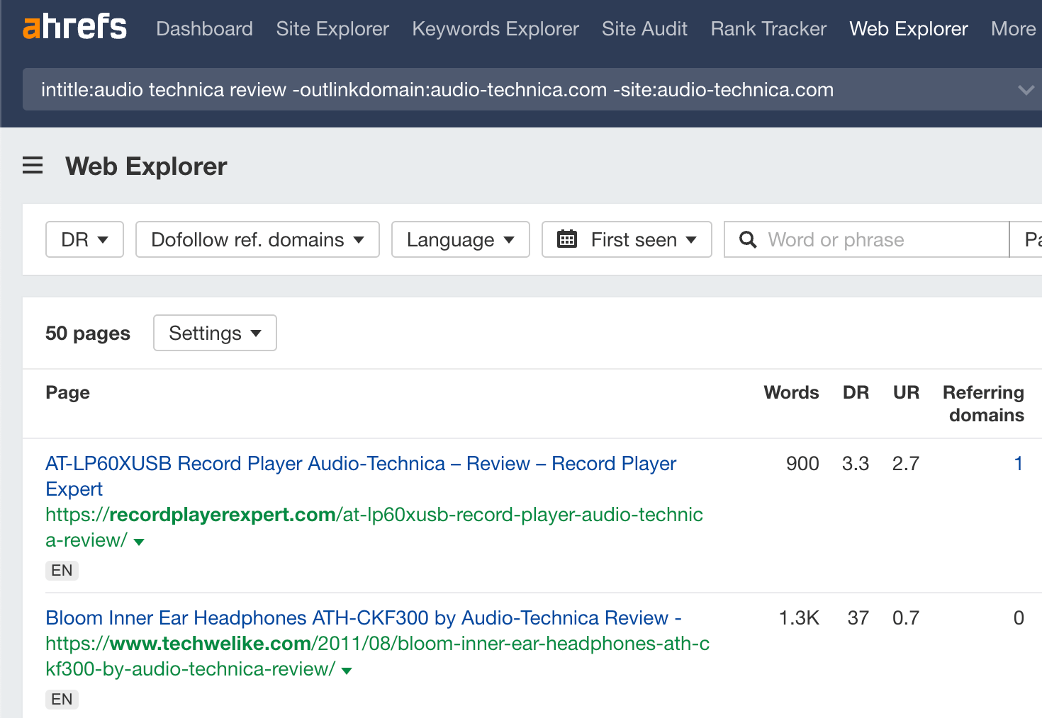 Trouver des avis non liés à l'aide de  Web Explorer d'Ahrefs