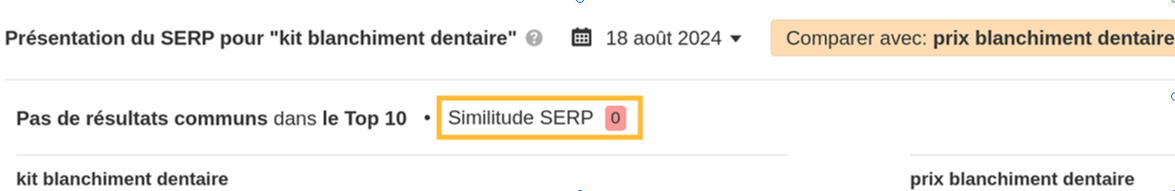 Comparaison des SERPs pour deux mots-clés différents montrant un faible pourcentage de similitude