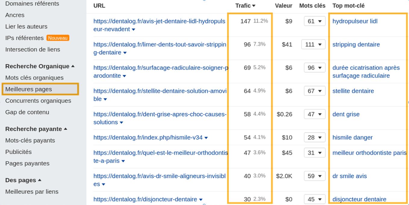 Page 'Meilleurs Pages' dans Ahrefs Site Explorer montrant les pages les plus visitées d'un concurrent