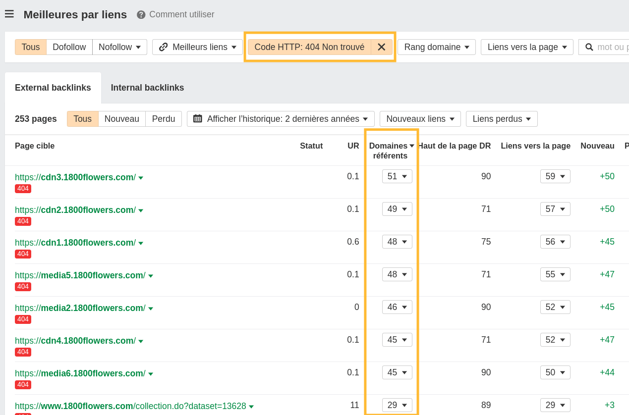 Rapport Meilleures par liens filtré par le code de statut 404 pour afficher les pages que vous pourriez vouloir rediriger