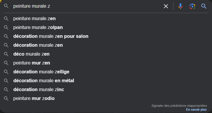 Capture d'écran de recherche Google pour “peinture murale” avec toutes les recommandations automatisées dessous commençant par “z”. 