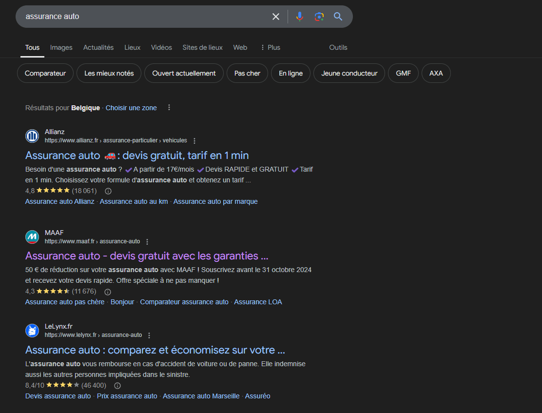 Les résultats de recherche Google pour “assurance auto” 