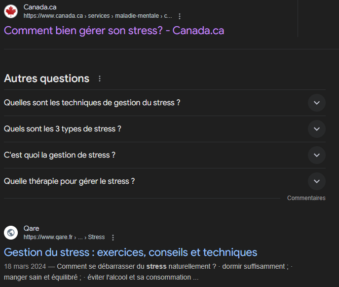 Les résultats de recherche Google pour “gestion du stress”