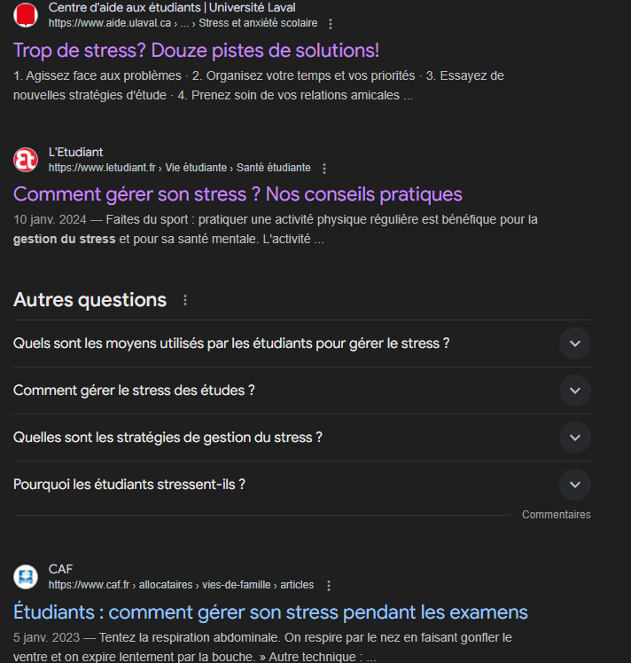 Les résultats de recherche Google pour “gestion du stress étudiant”