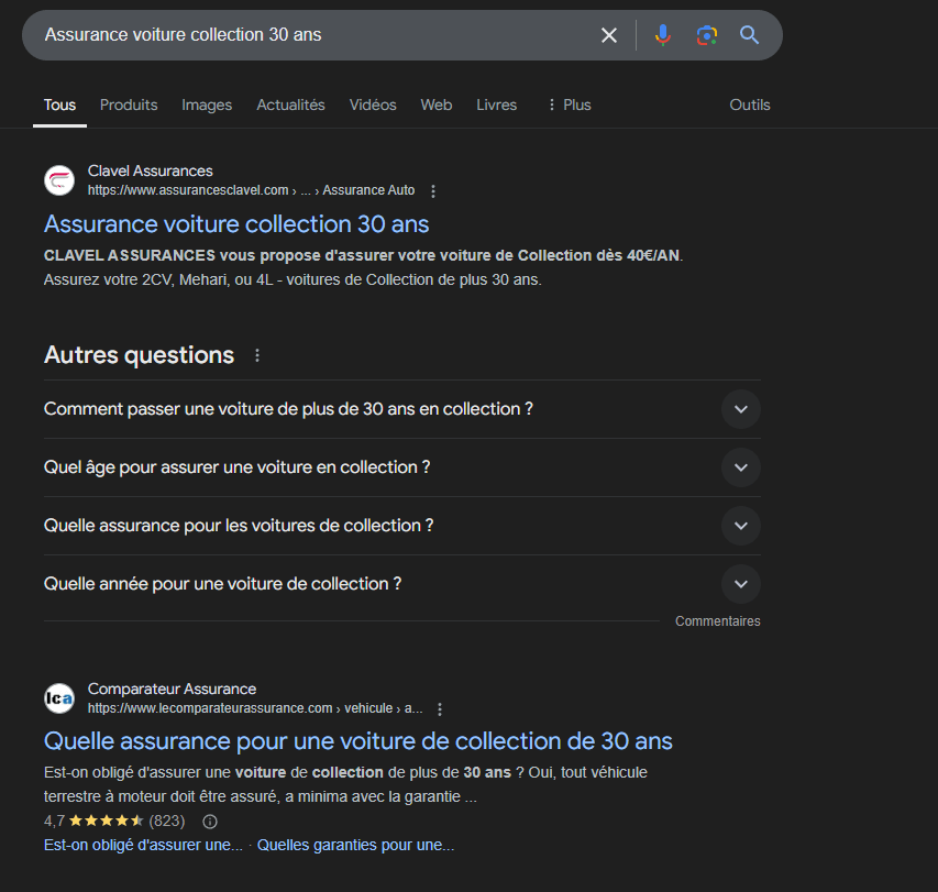 Les résultats de recherche Google pour “voiture collection 30 ans” 