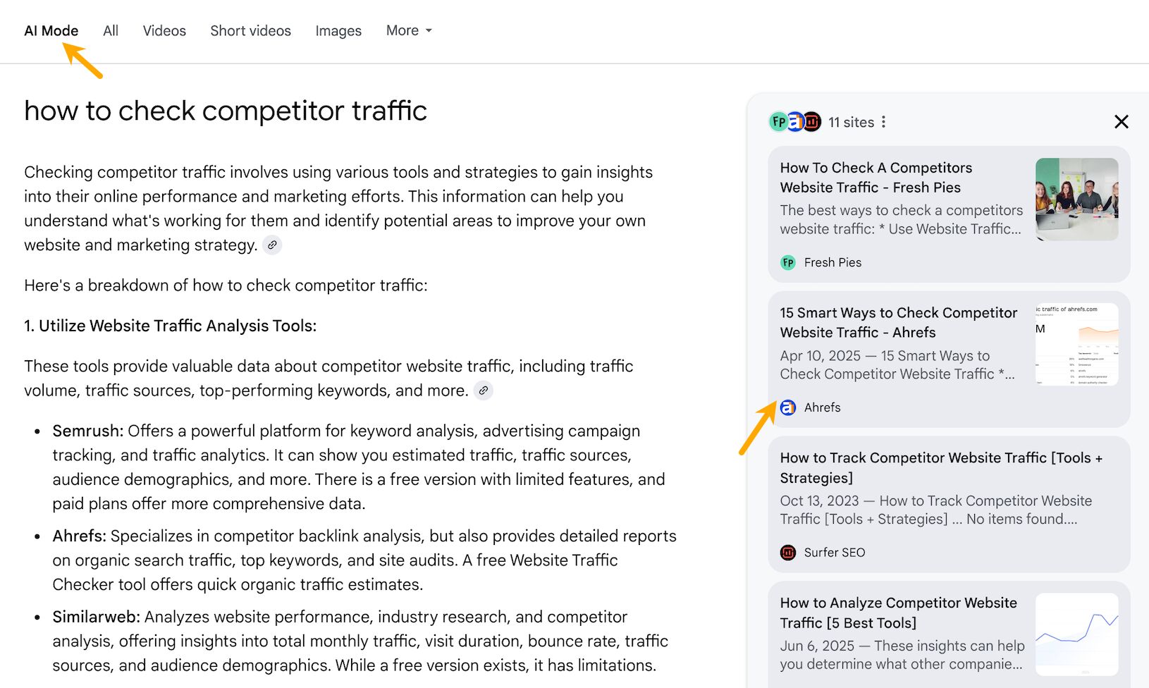 A screenshot of a Google search result for "how to check competitor traffic" in AI Mode. The AI-generated answer cites an Ahrefs article, which is highlighted with an arrow on the right-hand side.