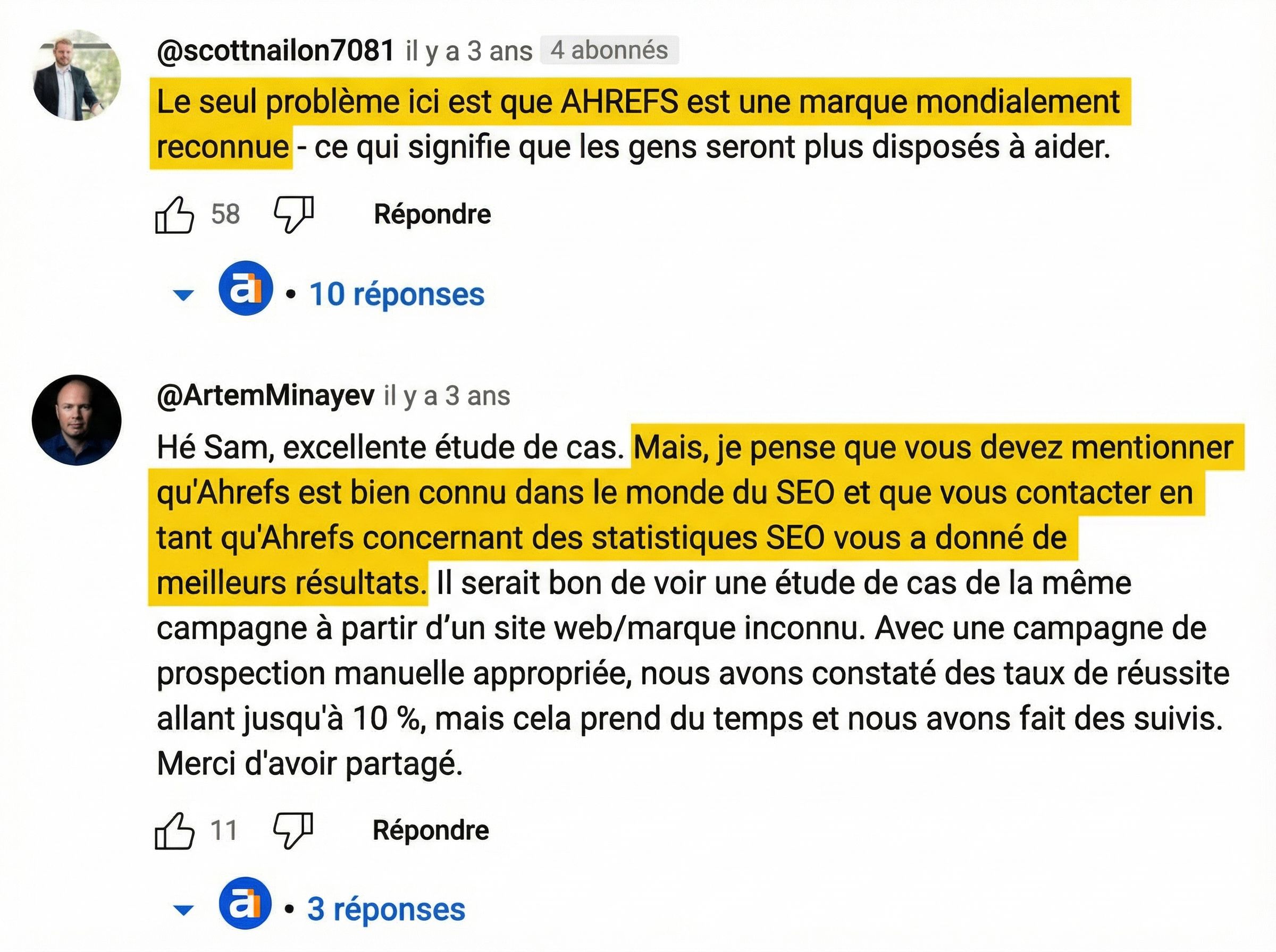 Commentaires d'utilisateurs sur l'autorité de la marque Ahrefs pour le link building 
