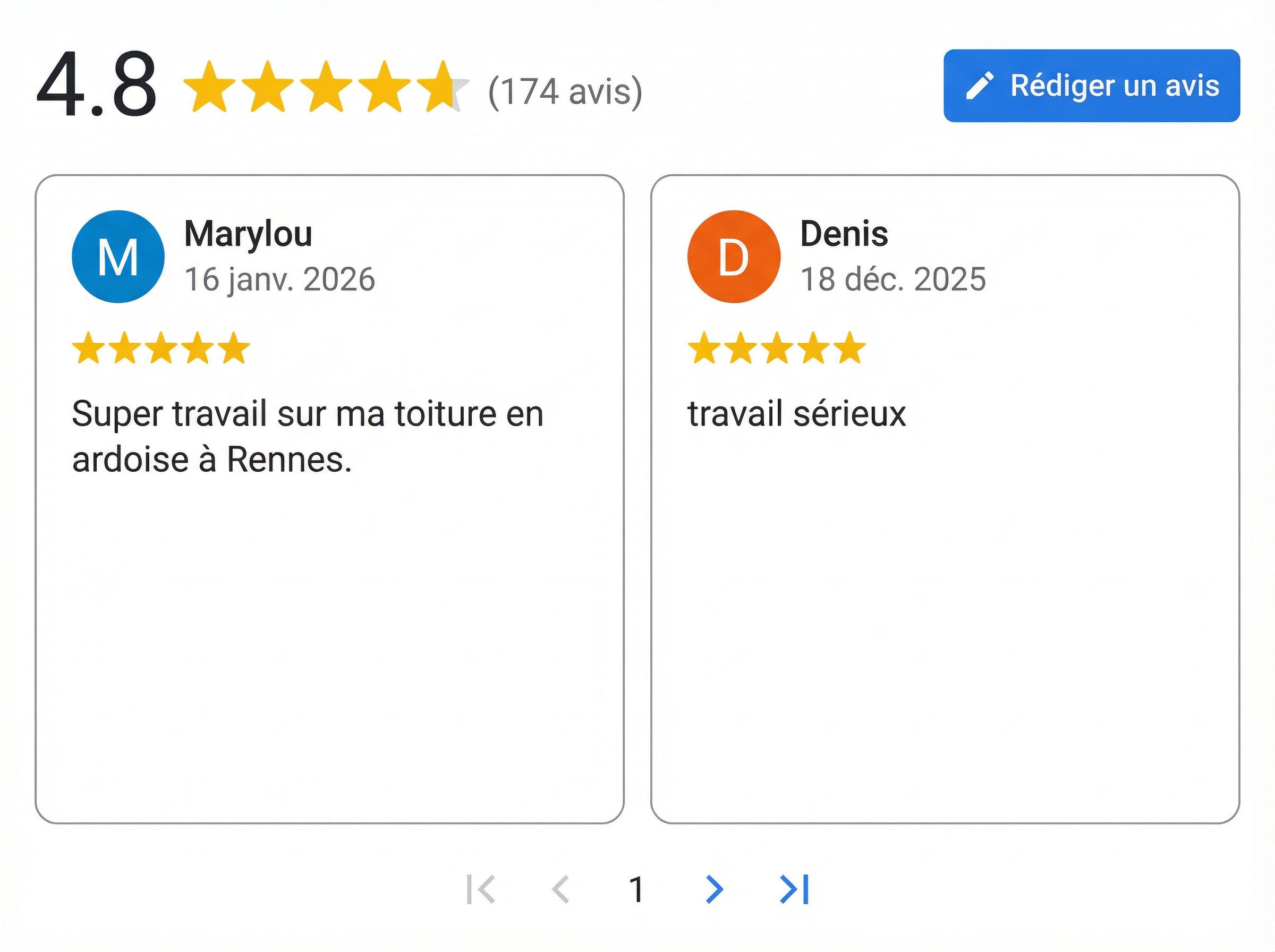 Comparaison de deux avis clients Google 5 étoiles : l'un générique sans détails, l'autre optimisé sémantiquement mentionnant le service de toiture et la ville de Rennes.