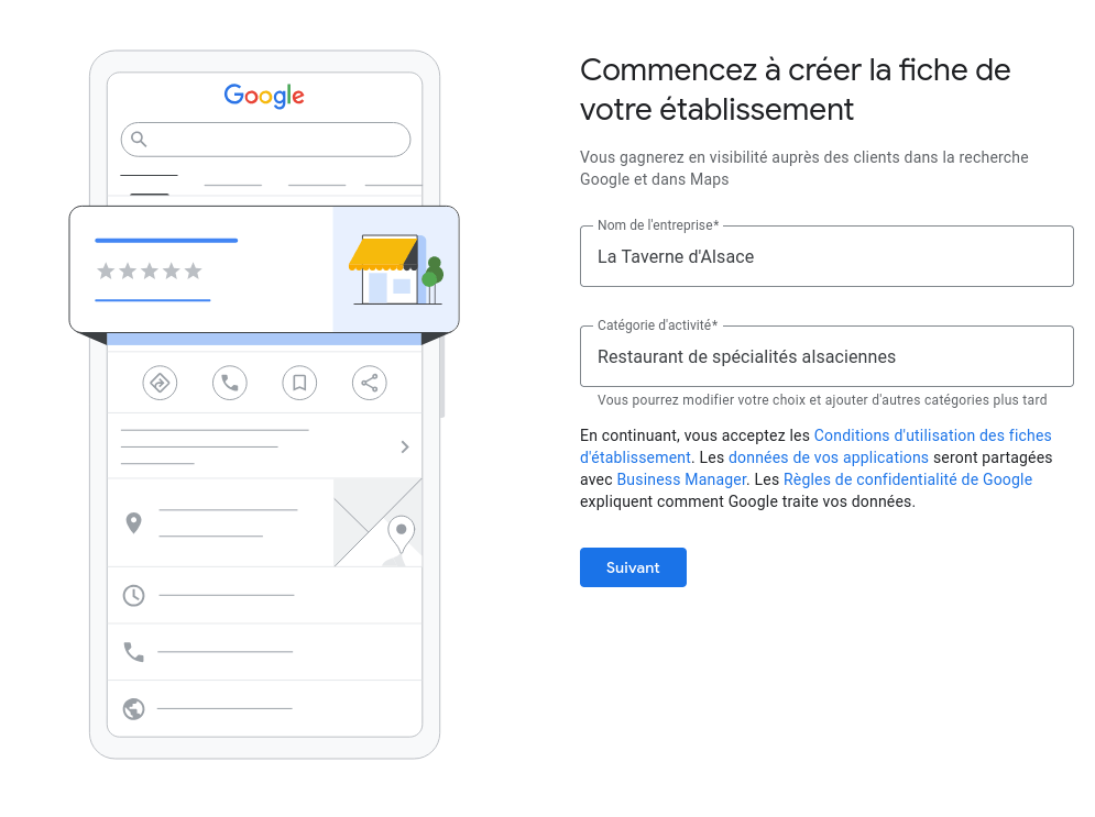 Capture d'écran de l'interface Google Business Profile montrant la sélection de la catégorie spécifique "Restaurant de spécialités alsaciennes".