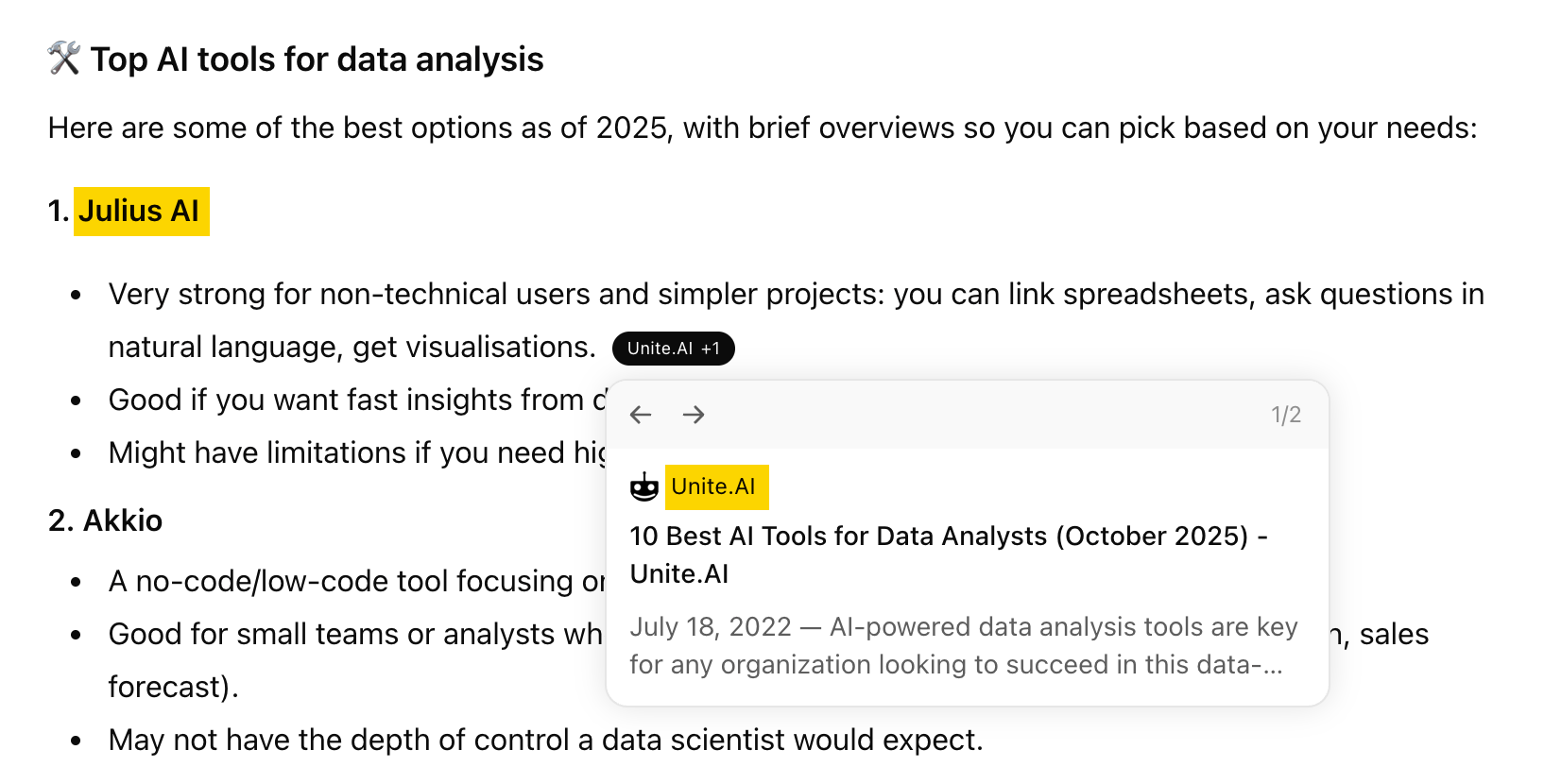 Screenshot of a ChatGPT response recommending 'Julius AI' and 'Akkio' as top AI tools for data analysis, illustrating how AI responses can link to third-party review pages instead of the main tool's site.
