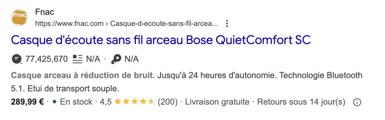 Capture d'écran de l'extrait enrichi d'un casque audio vendu à la Fnac