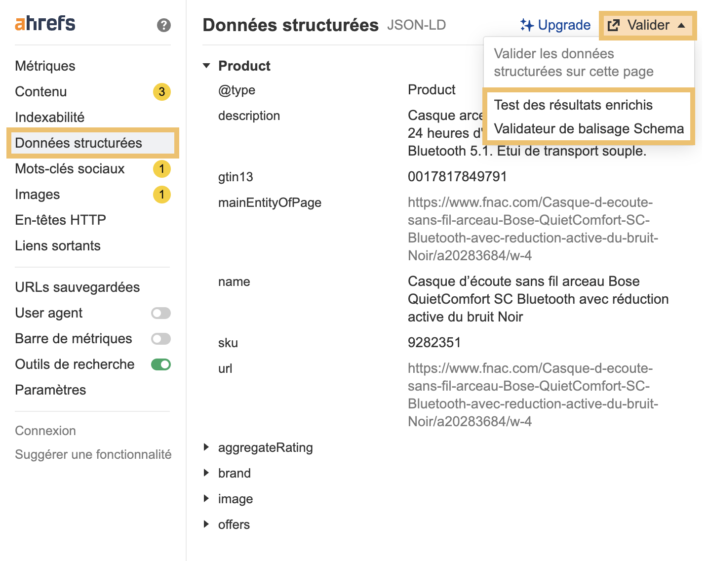 Onglet Données structurées de l'extension Ahrefs