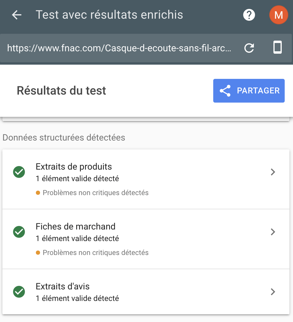 Exemple de test avec résultats enrichis Google