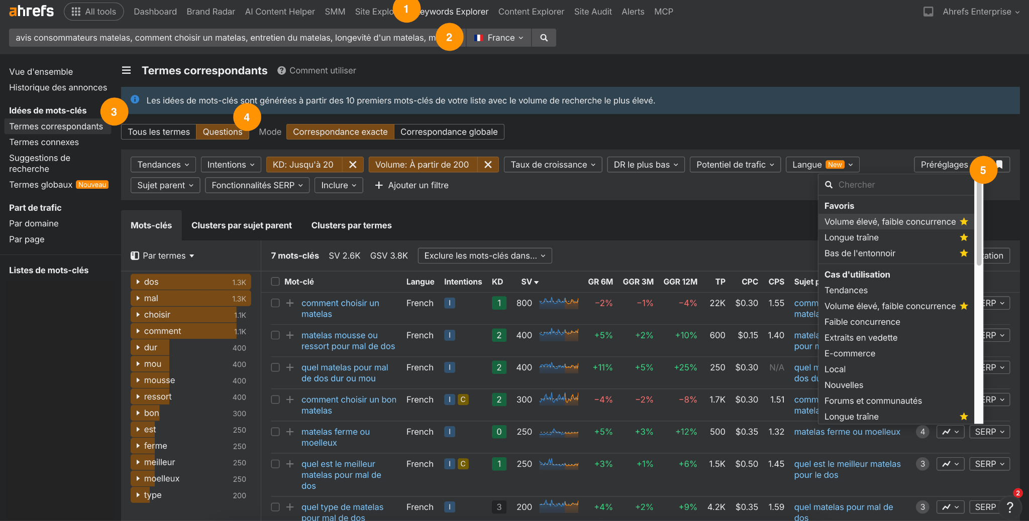 Capture d'écran des différentes étapes à suivre sur Keywords Explorer