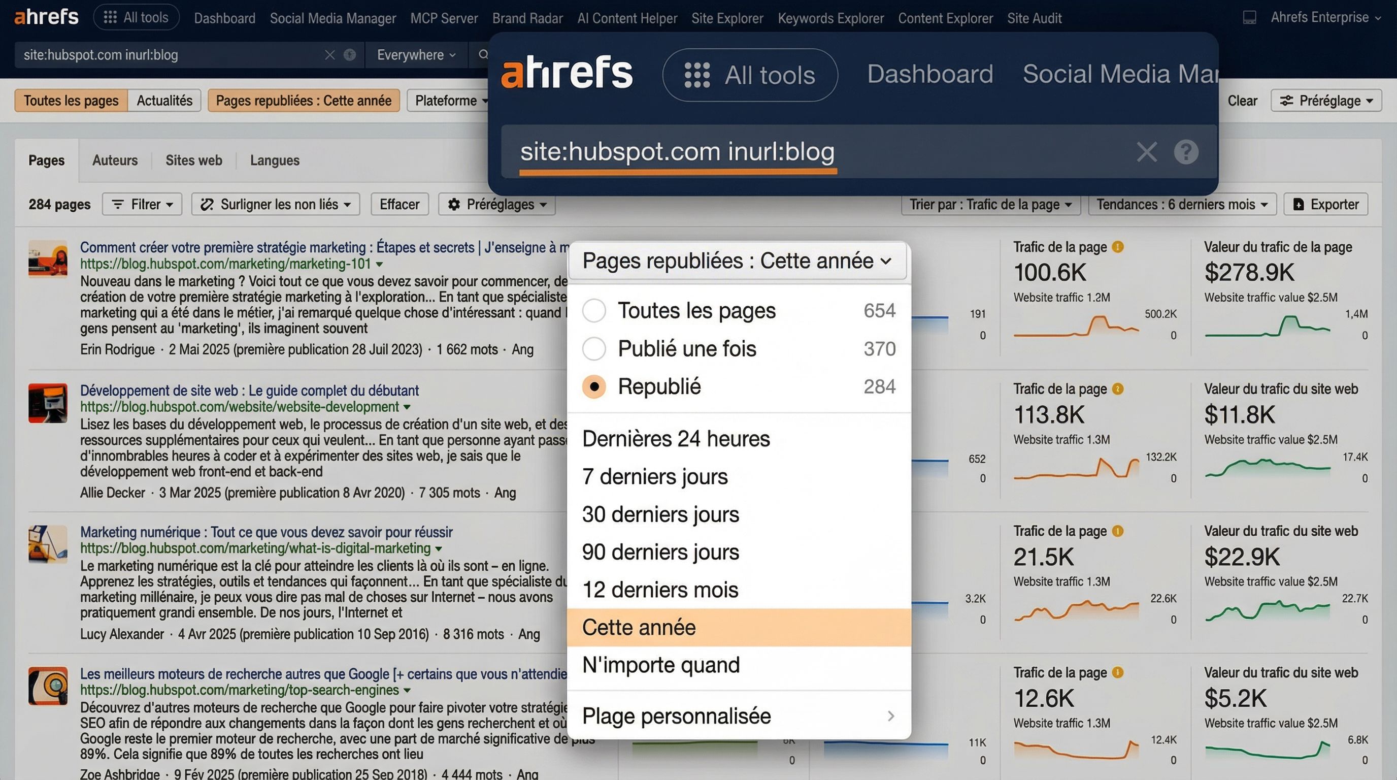 Filtre Pages republiées dans l'outil Ahrefs Content Explorer affichant le contenu mis à jour du blog HubSpot