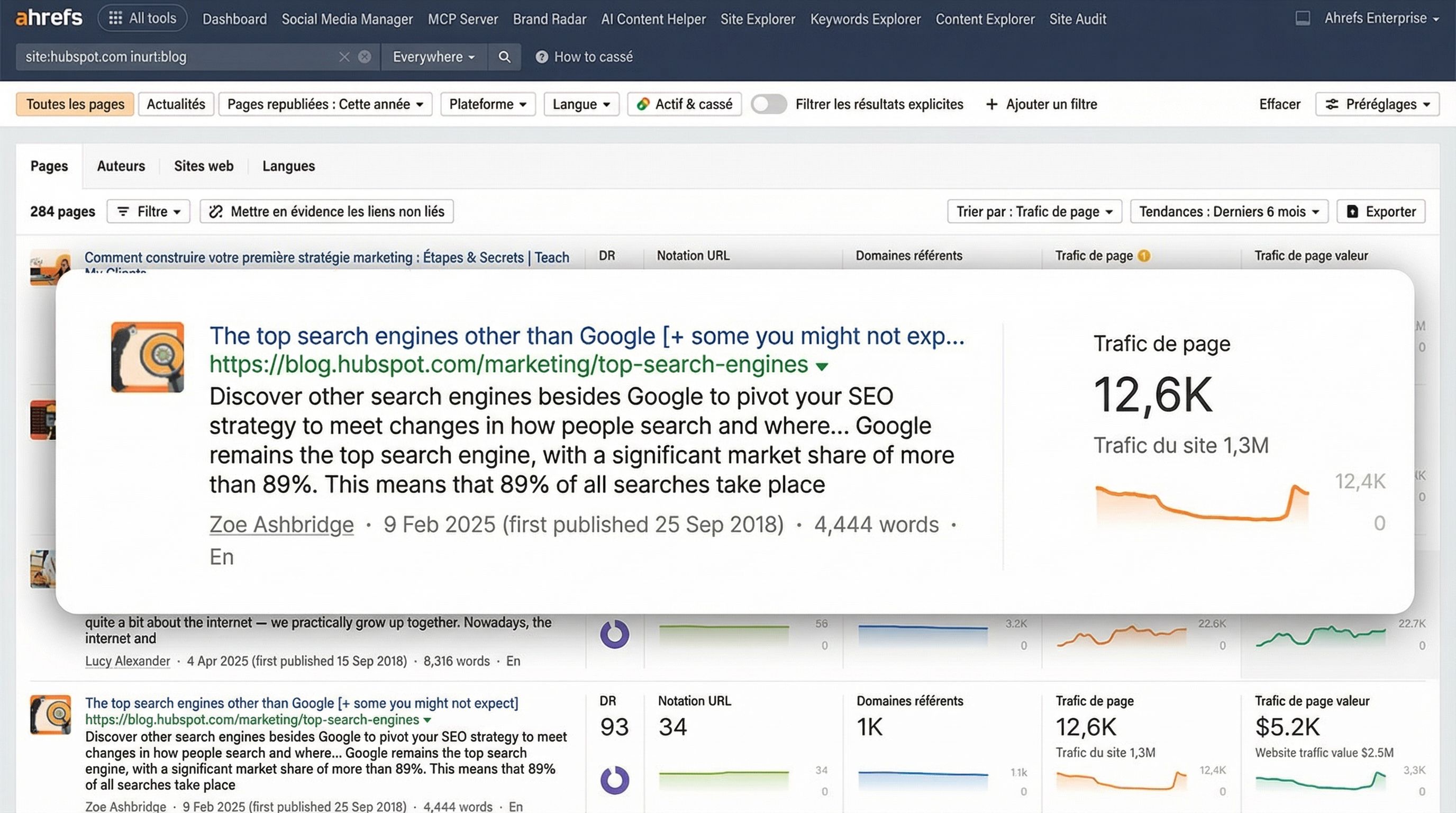 Article HubSpot sur les meilleurs moteurs de recherche repéré dans les résultats de Content Explorer