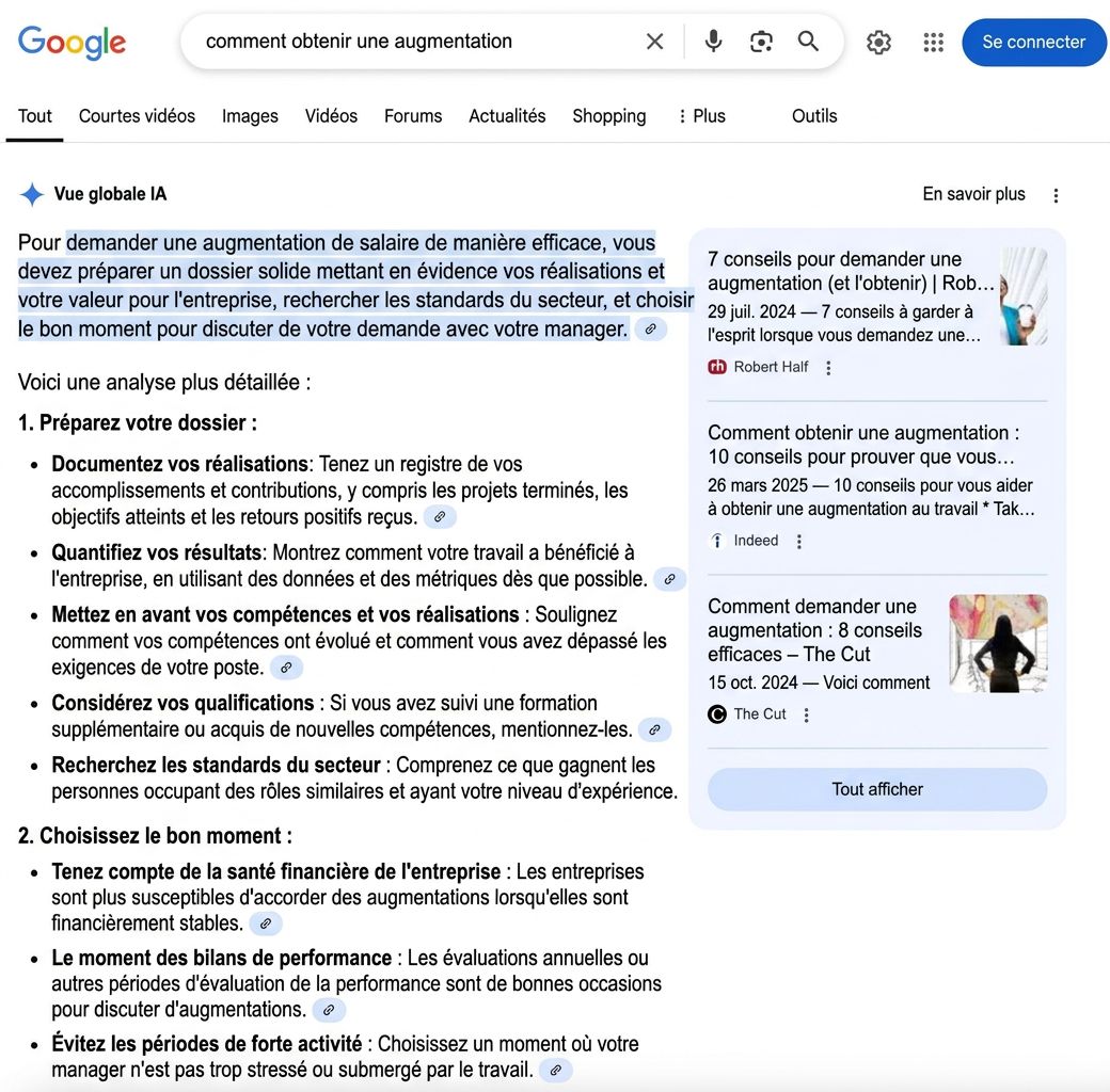Exemple d'un AI Overviews de Google produit par Gemini