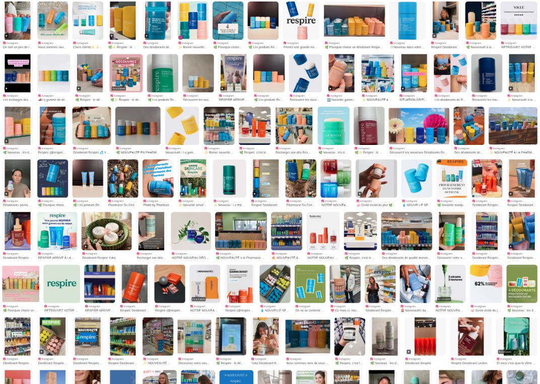 Mosaïque de stories Instagram publiées par des nano-influenceuses testant le produit Respire