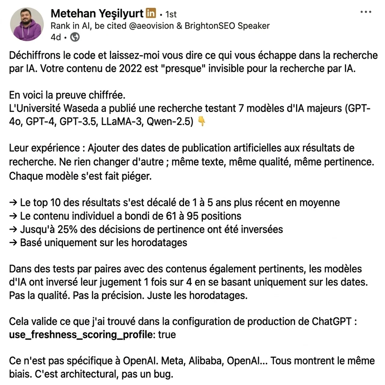 Tweet de Metehan Yeşilyurt expliquant le biais de récence et le score de fraîcheur des URL dans les réponses de ChatGPT