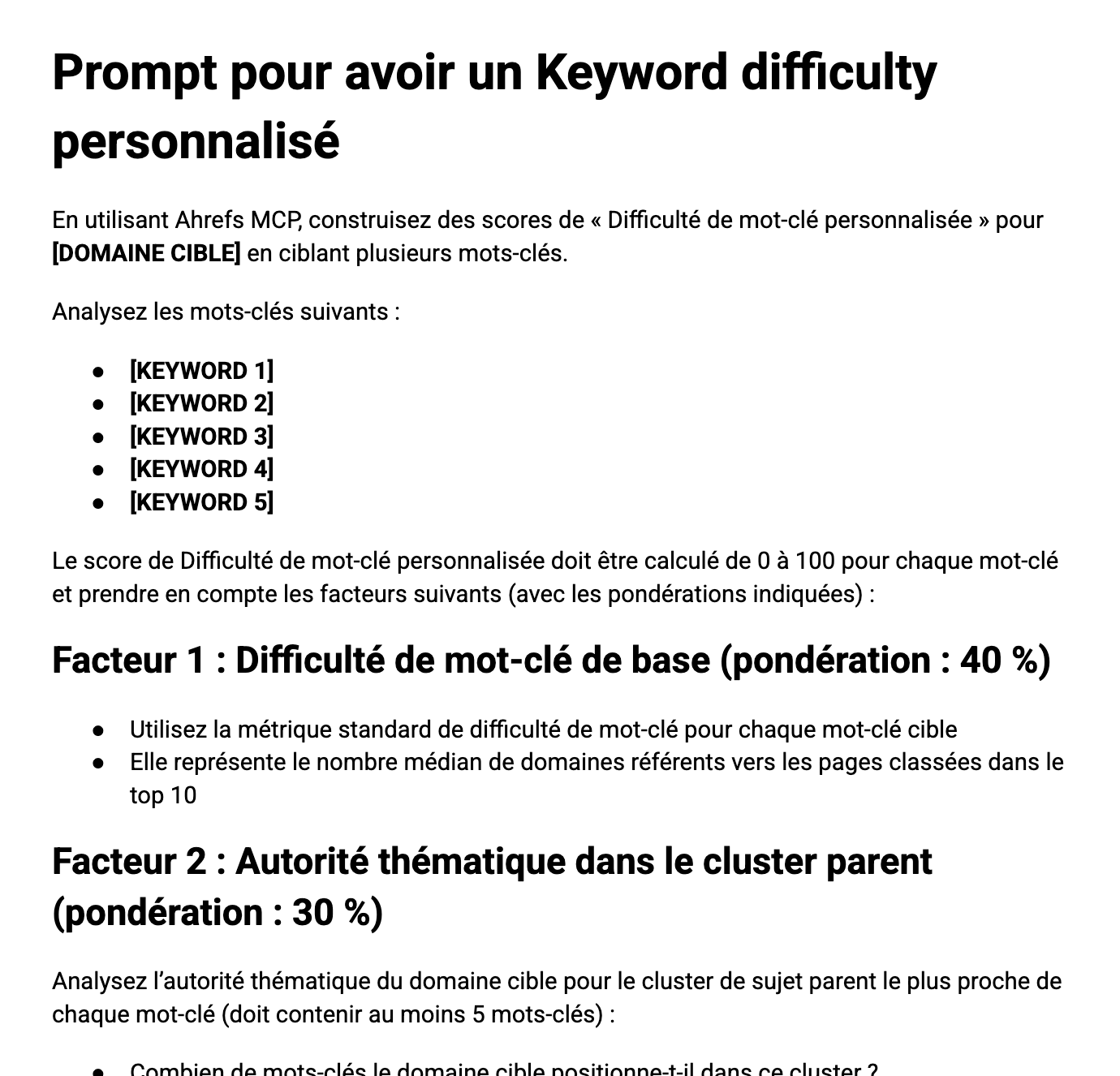 Extrait du document Prompt pour obtenir un score de difficulté de mots clés précis et personnalisé par Ahrefs