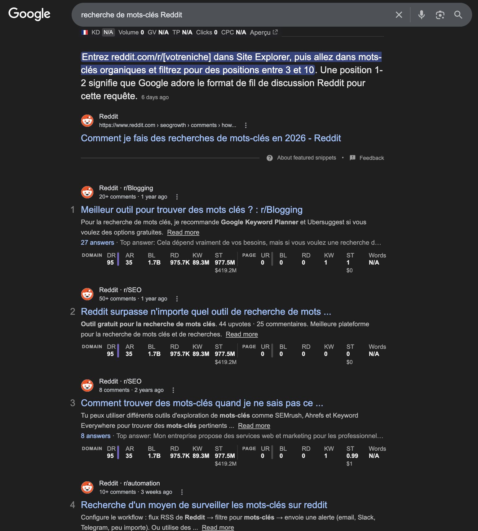 Des ré sultats Reddit dans Google, exemple recherche de mots cles