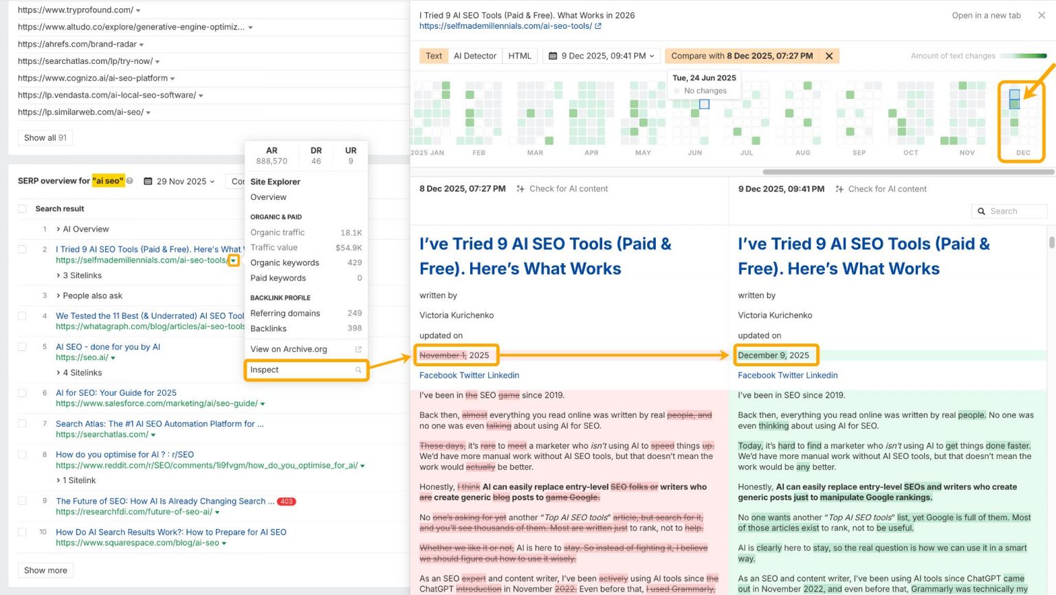 Comparaison des modifications d'une page qui ranke dans les SERP via l'outil Page Inspect de Site Explorer Ahrefs qui montre l'ajout de contenu qui a permis de se positionner dans la SERP