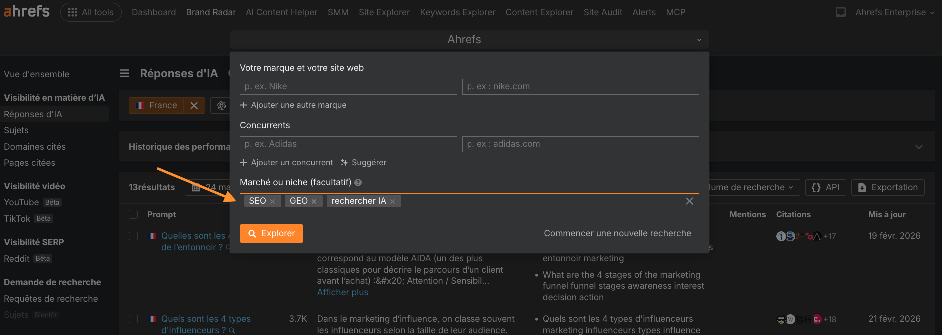Configuration de Brand Radar pour trouver des opportunités de sujet pour le GEO
