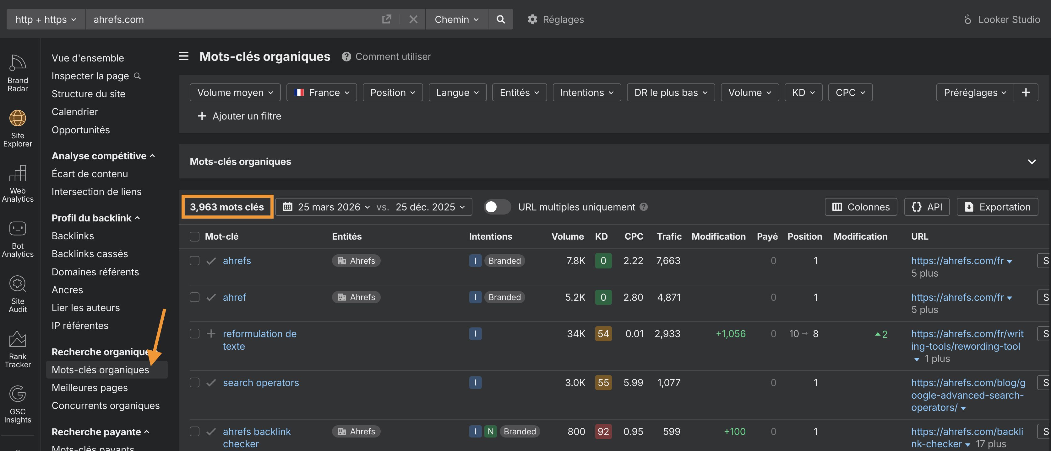 Comment trouver le nombre de mots clés positionnés sur une marque avec Site explorer en image
