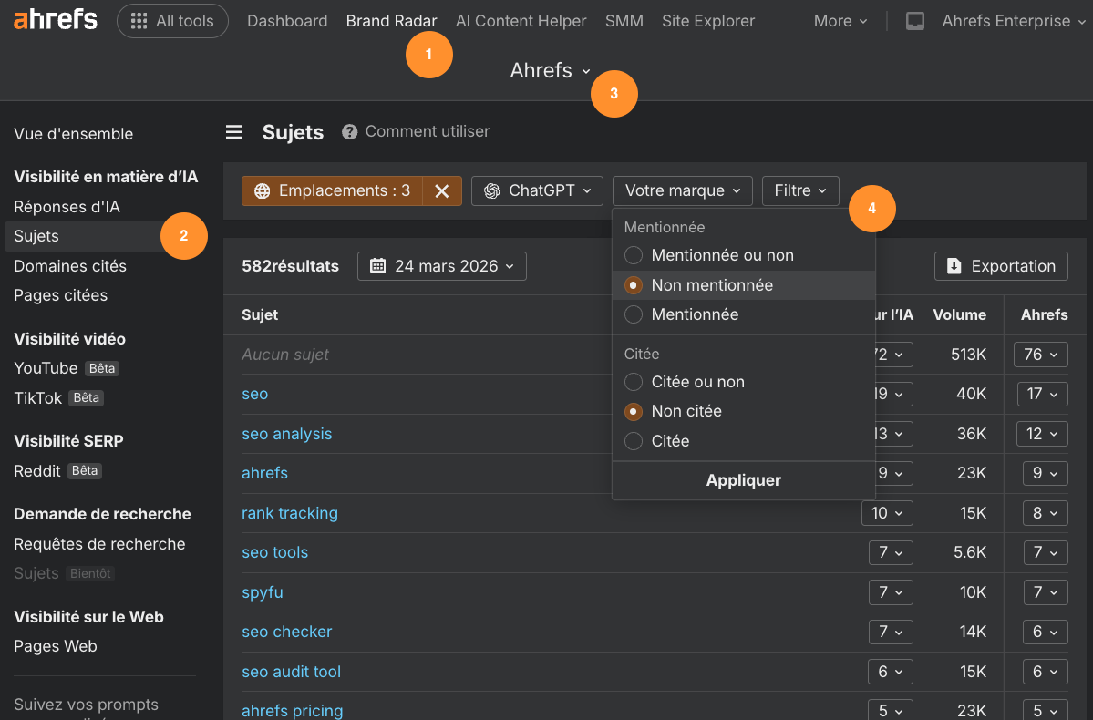 Tutoriel image pour trouver les prompts sans mention de votre marque dans les IA en 4 étapes avec Brand Radar