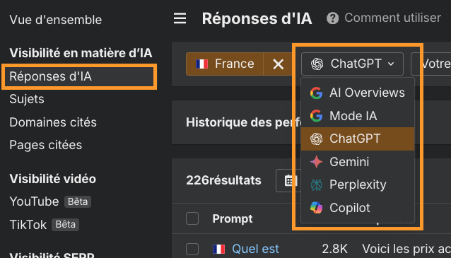 Capture d'écran de Brand Radar et du rapport Réponses IA montrant la possibilité de sélectionner plusieurs index Ia comme ChatGPT et Perplexity