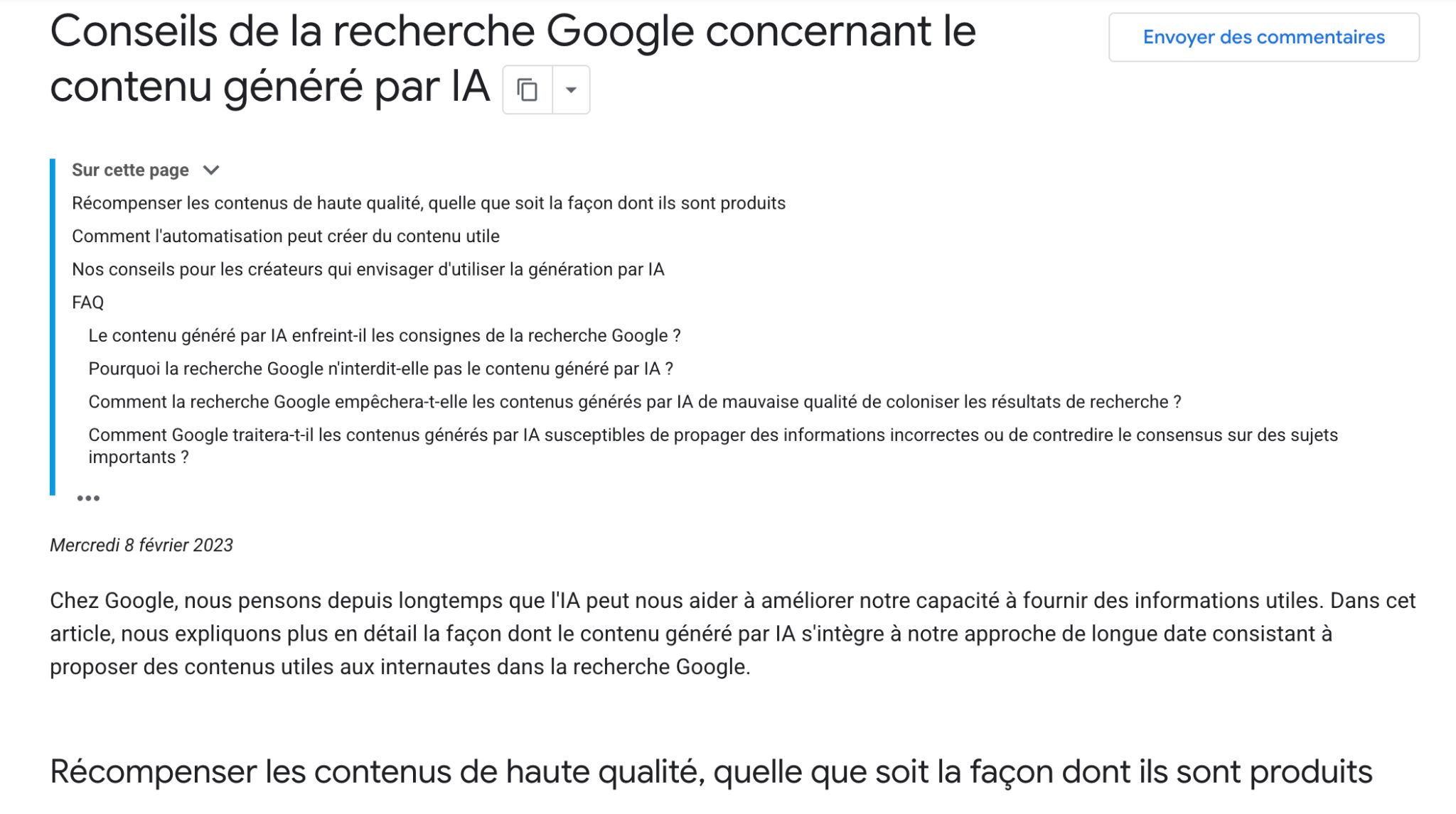 Capture d'écran du billet Google à propos du contenu généré par IA