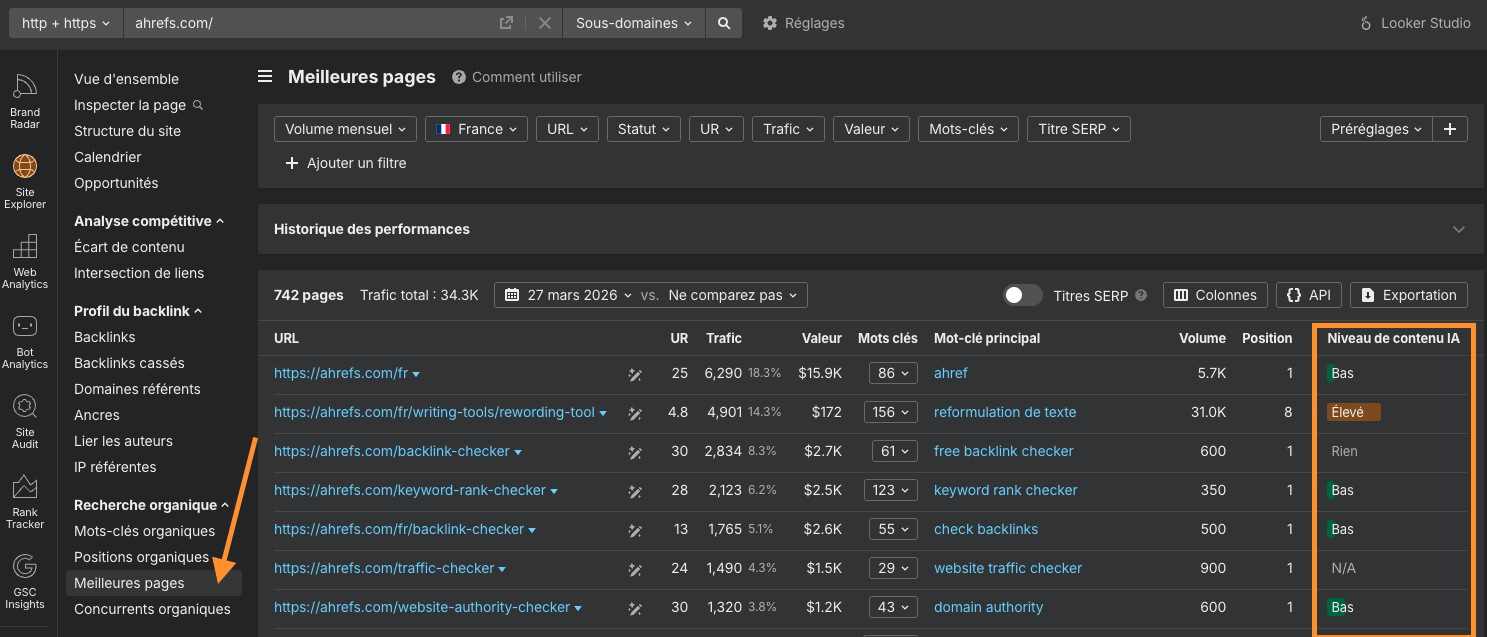 Capture d'écran de Site Explorer pour le niveau de contenu IA